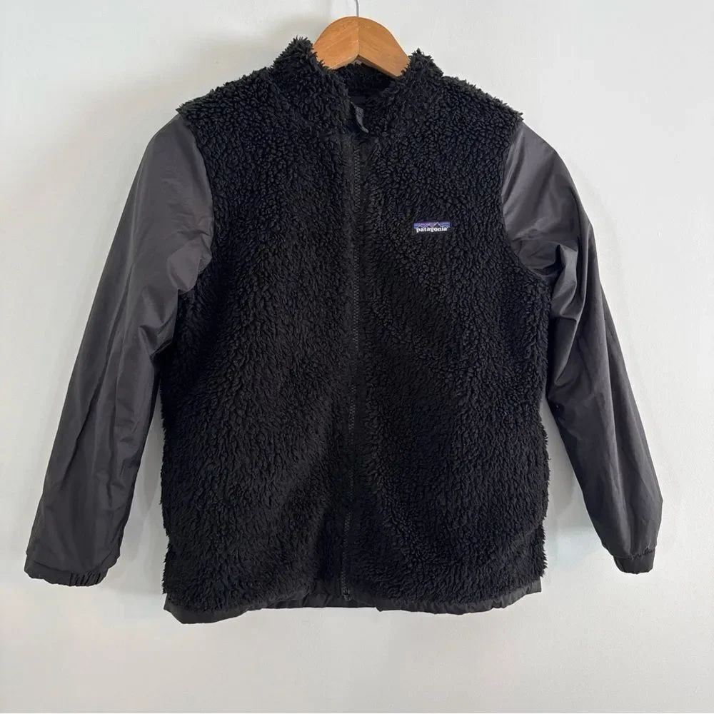 Patagonia Jacket Boys Black M 10 Reversible Ready Freddy Hoody Puffer Sherpa